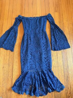 N/Nicholas Dress Womens 0 Blue Lace Off Shoulder Bell Sleeve Mermaid Midi Lined